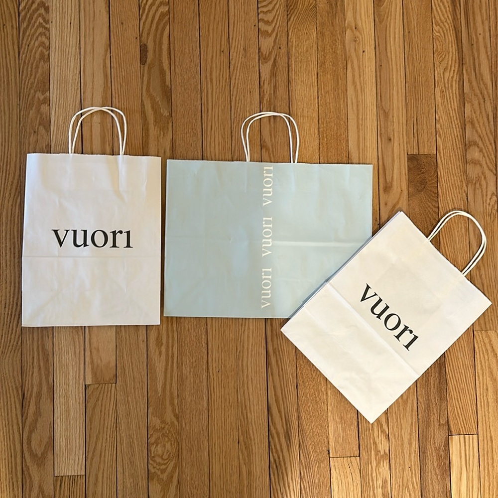 3 Assorted Vuori shopping gift bags